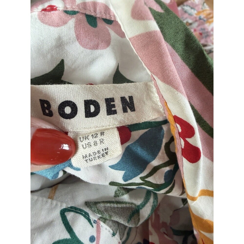 Boden Alexa Floral Multicolor Cotton Shirt Midi Dress Tie Waist Puff Sleeve Sz 8 - Picture 10 of 13